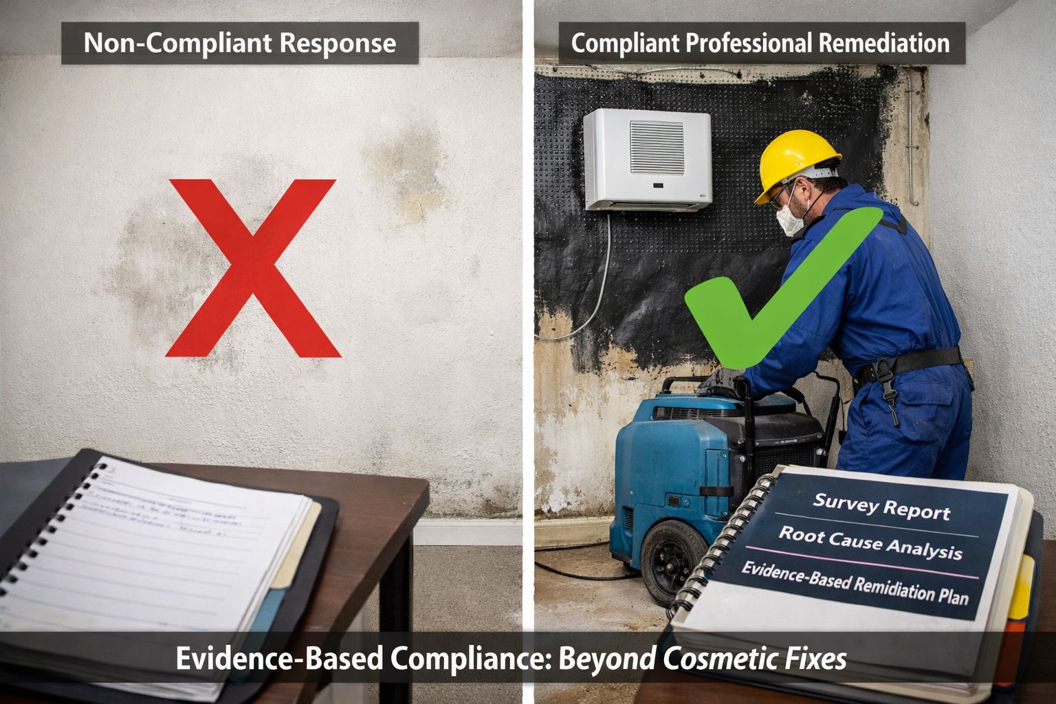 Detailed () image showing before-and-after comparison of rental property remediation following Awaab's Law compliance