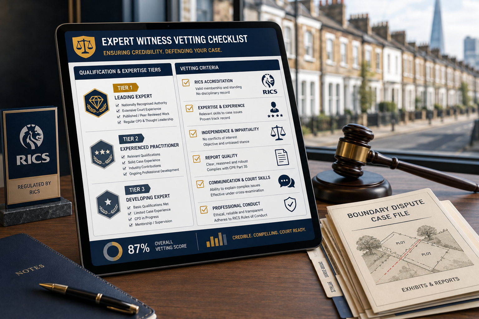 () infographic-style illustration showing a structured expert witness vetting checklist on a digital tablet screen, with