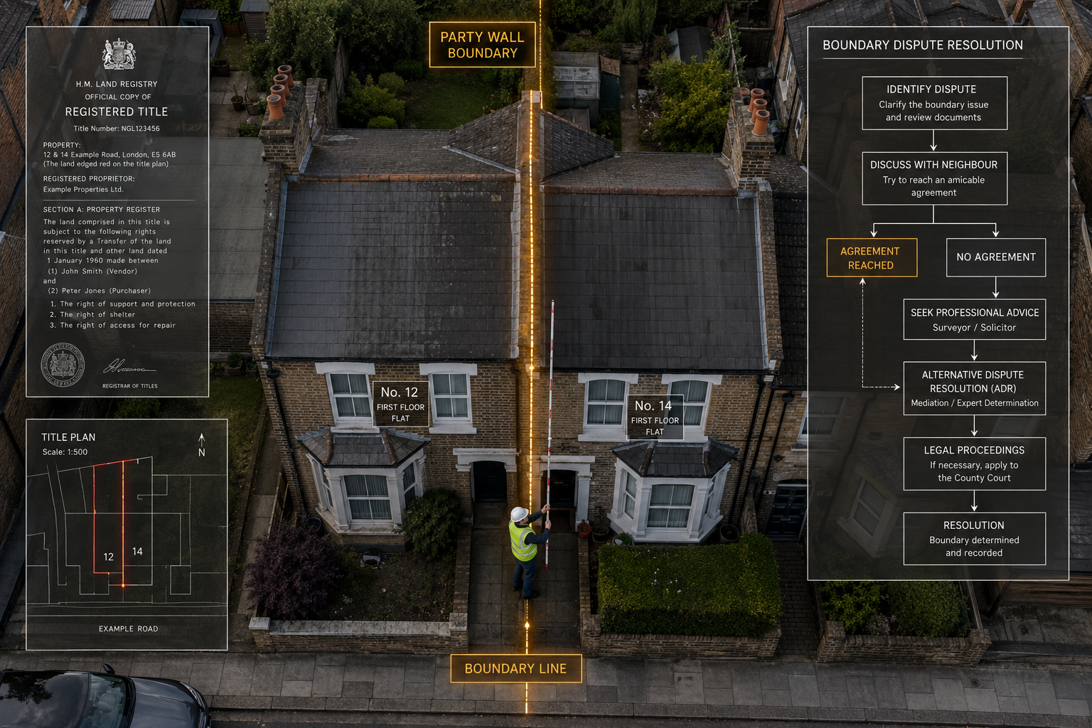 () overhead aerial perspective of a London residential street showing two semi-detached houses with a clearly marked party