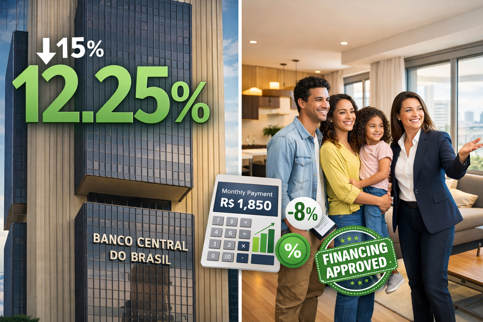 Detailed () editorial image showing split-screen composition: left side displays large '12.25%' in green with downward arrow