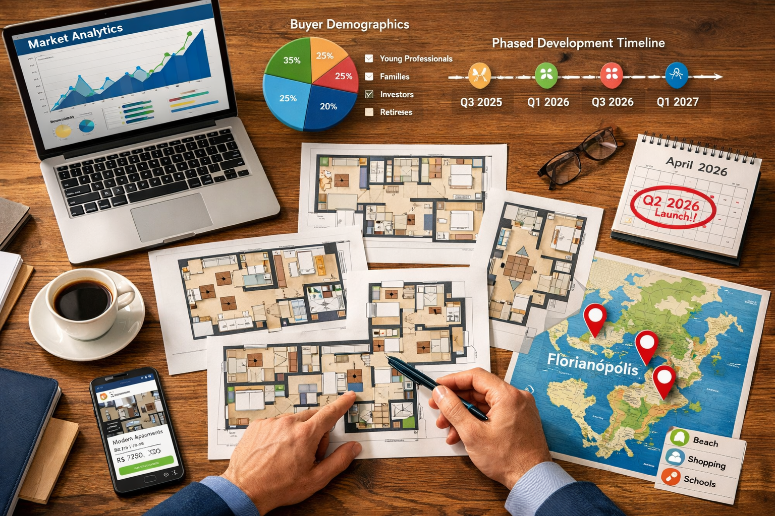 Detailed () strategic planning scene showing aerial top-down view of architect's desk with multiple apartment floor plans