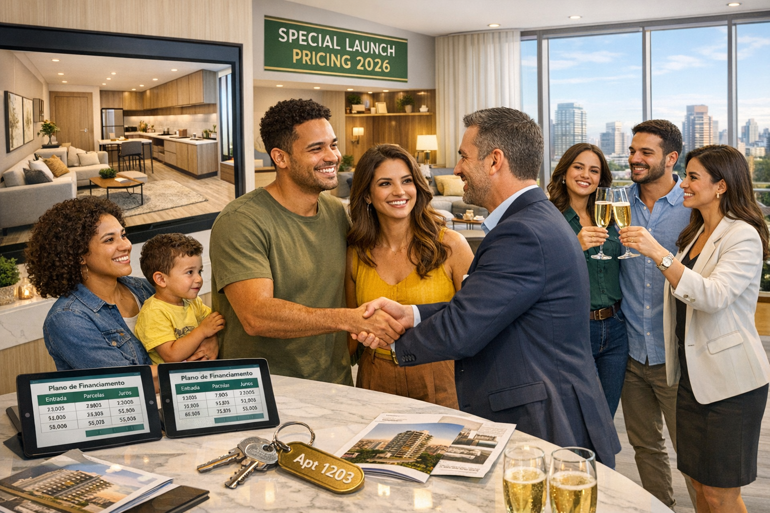 Detailed () dynamic real estate sales scene showing modern sales gallery or showroom with large digital screen displaying