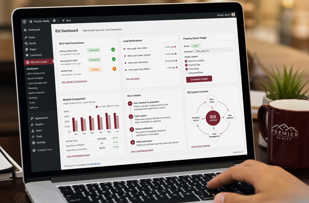 () close-up of a laptop screen showing an IDX plugin settings dashboard inside WordPress admin panel, with MLS feed