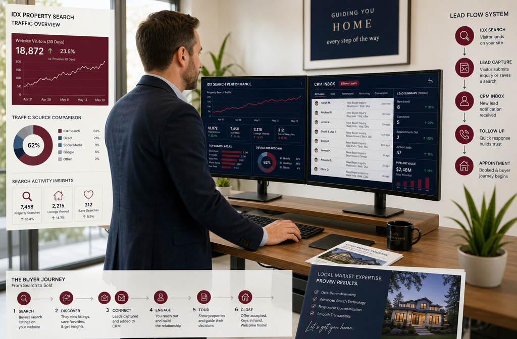 () showing a real estate agent at a standing desk reviewing lead analytics on dual monitors &mdash; one screen showing IDX
