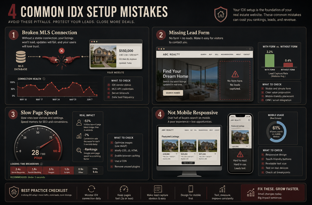 () depicting a visual FAQ-style infographic layout showing common IDX setup mistakes as illustrated icons &mdash; broken MLS
