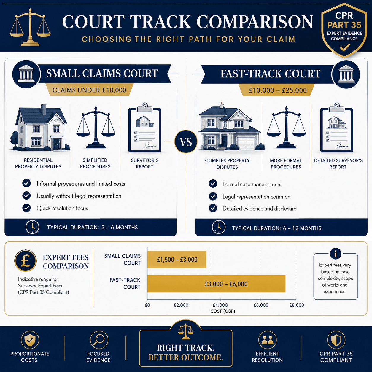 Detailed () infographic-style illustration showing two court tracks side by side: Small Claims Court (claims under £10,000)