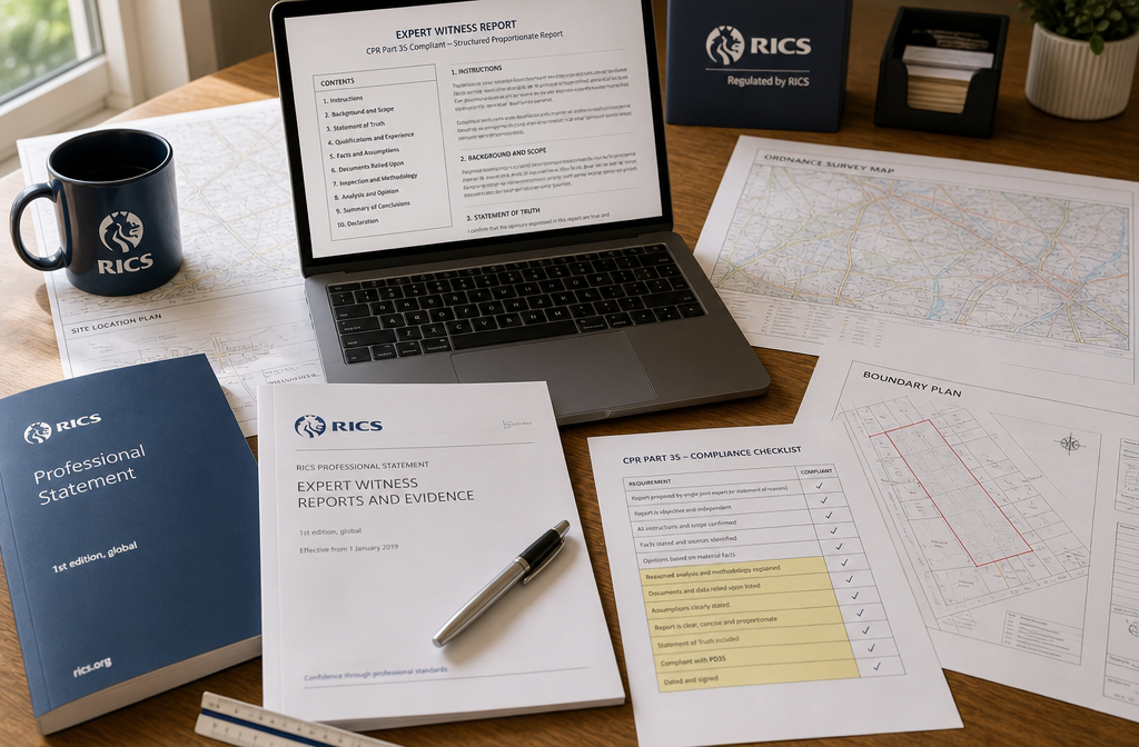Wide-angle overhead shot of a professional surveyor's desk with spread-out property documents, Ordnance Survey maps,