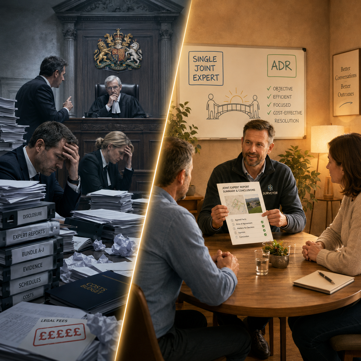 Dynamic split-composition landscape image showing on the left a formal litigation courtroom scene with stacked legal files