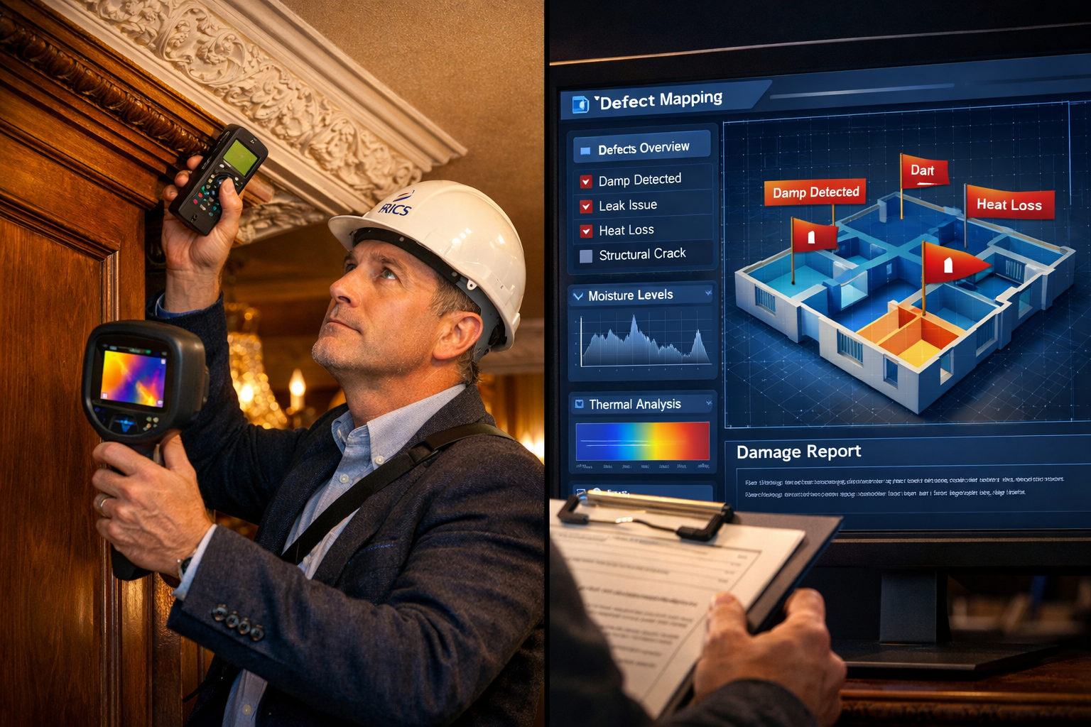 Detailed () image showing close-up of professional RICS surveyor conducting detailed inspection inside luxury property,