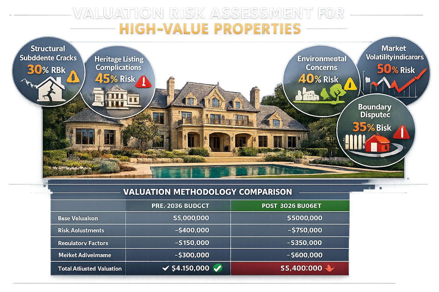 Comprehensive () infographic-style image displaying detailed valuation risk assessment framework for high-value properties.