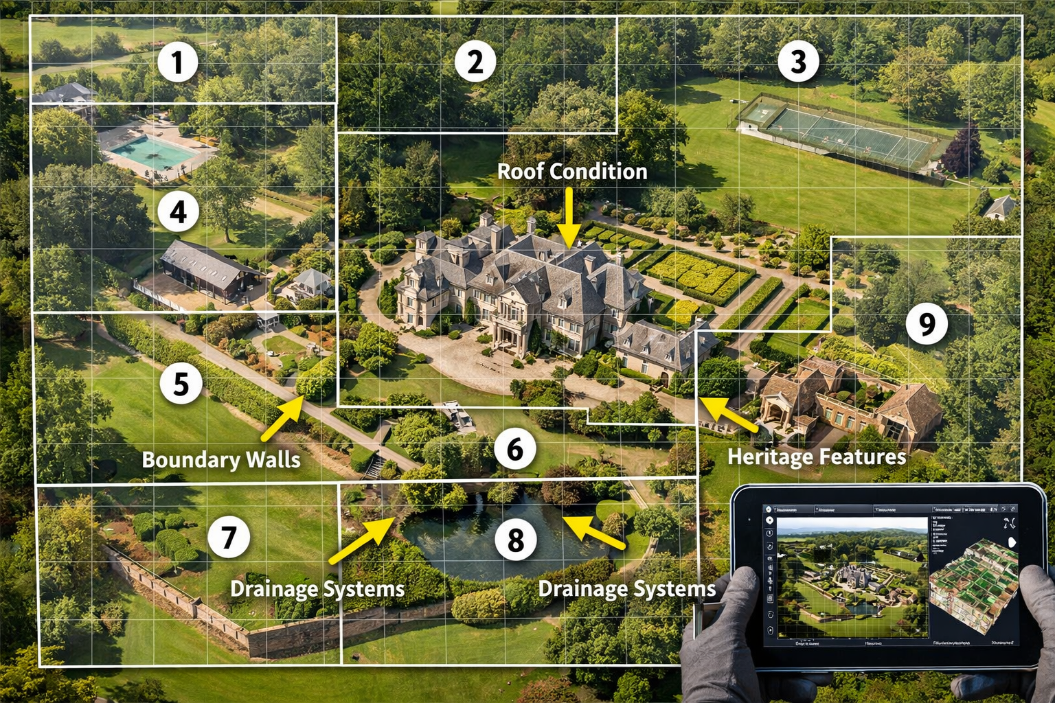Striking () aerial drone perspective photograph of expansive luxury estate property showing comprehensive survey coverage