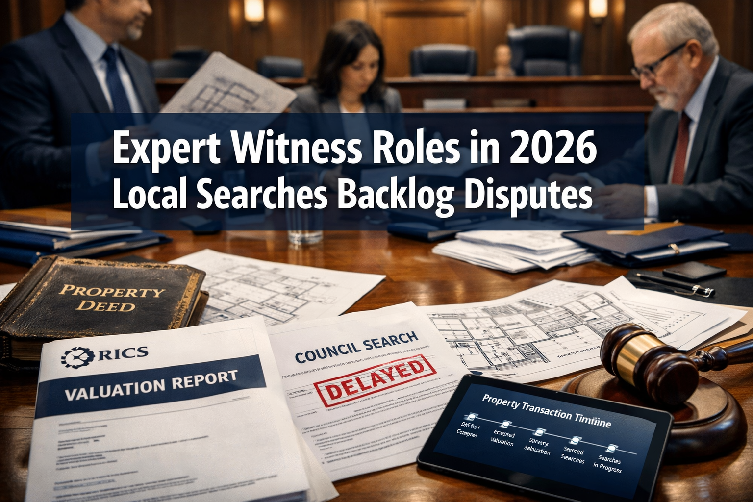 Professional () hero image with 'Expert Witness Roles in 2026 Local Searches Backlog Disputes' in extra large white with