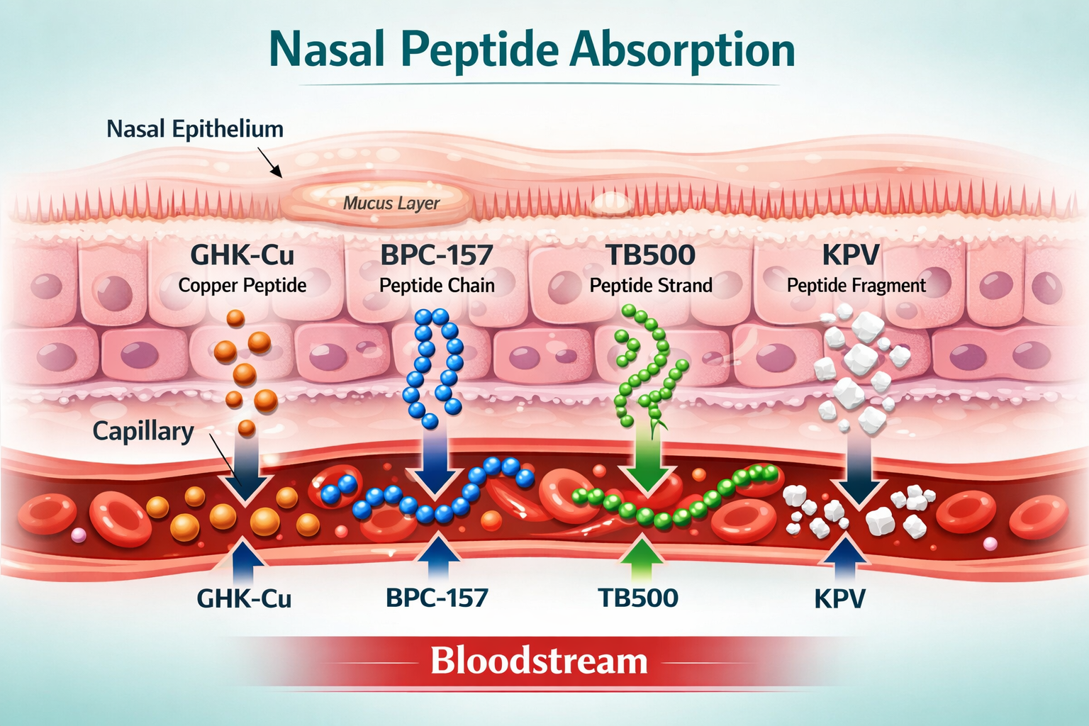 Detailed () editorial illustration showing a cross-section comparison of nasal mucosal tissue with peptide molecules (GHK-Cu
