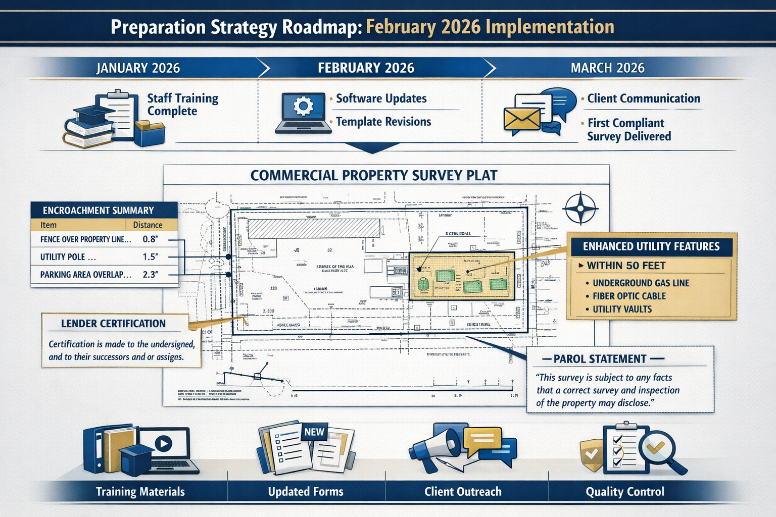 Detailed landscape format (1536x1024) image showing preparation strategy roadmap for February 2026 implementation. Features timeline graphic