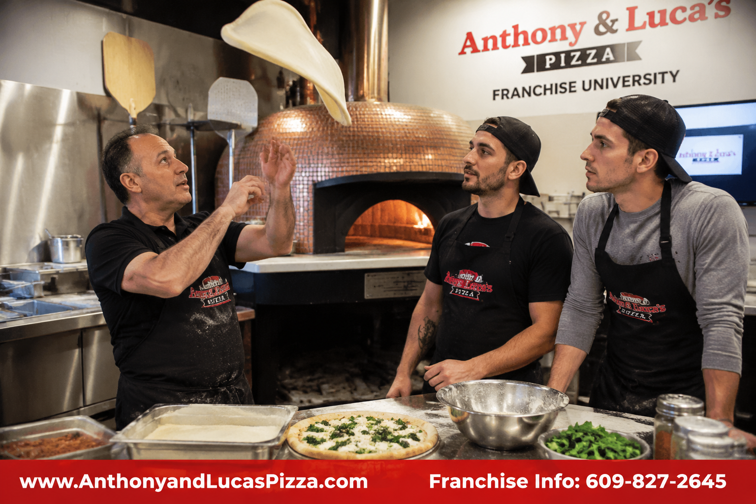 () dynamic action shot inside a modern pizza kitchen franchise training facility, showing a trainer demonstrating pizza