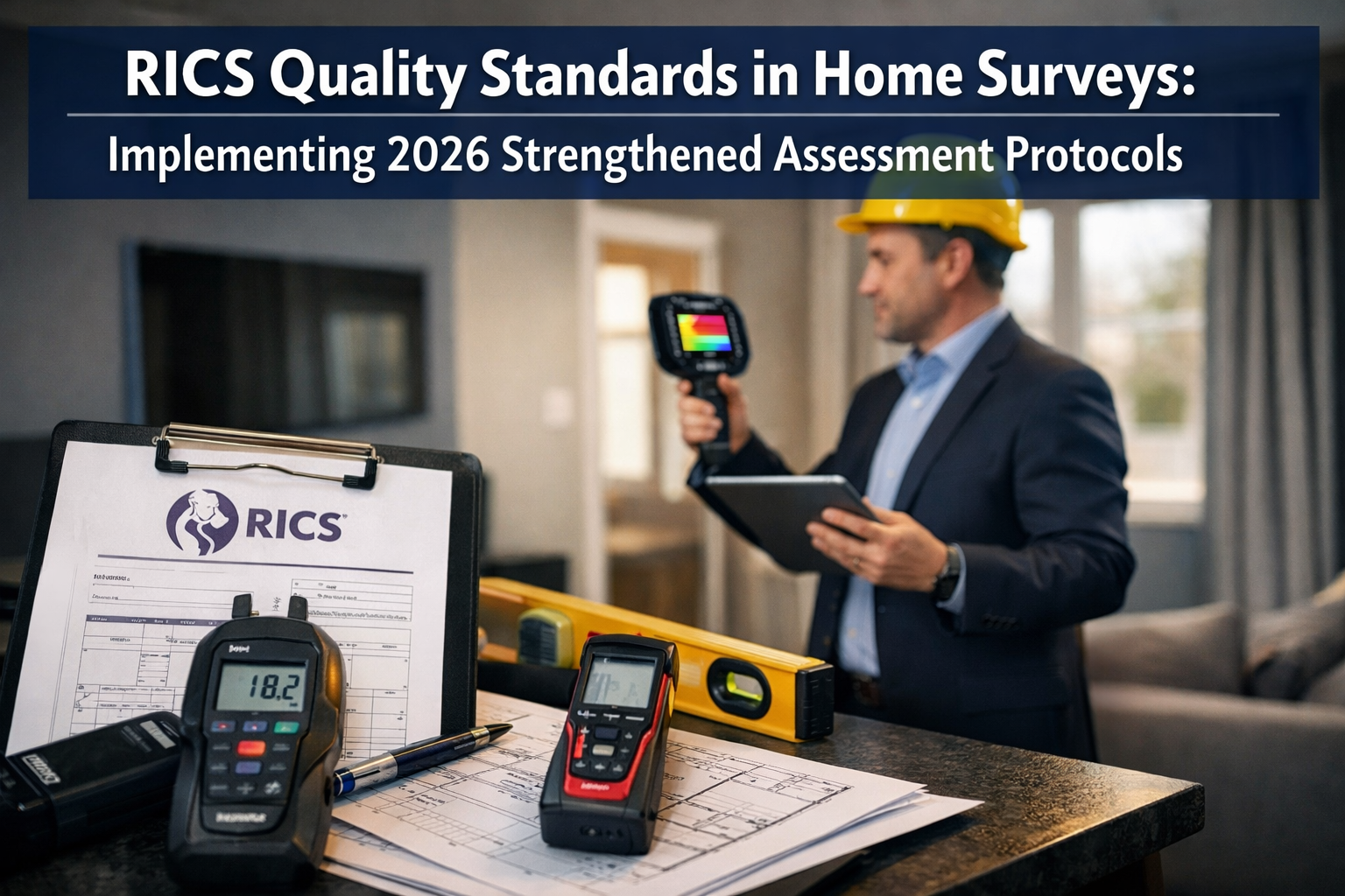 Professional landscape format (1536x1024) editorial hero image featuring bold white text overlay 'RICS Quality Standards in Home Surveys: Im