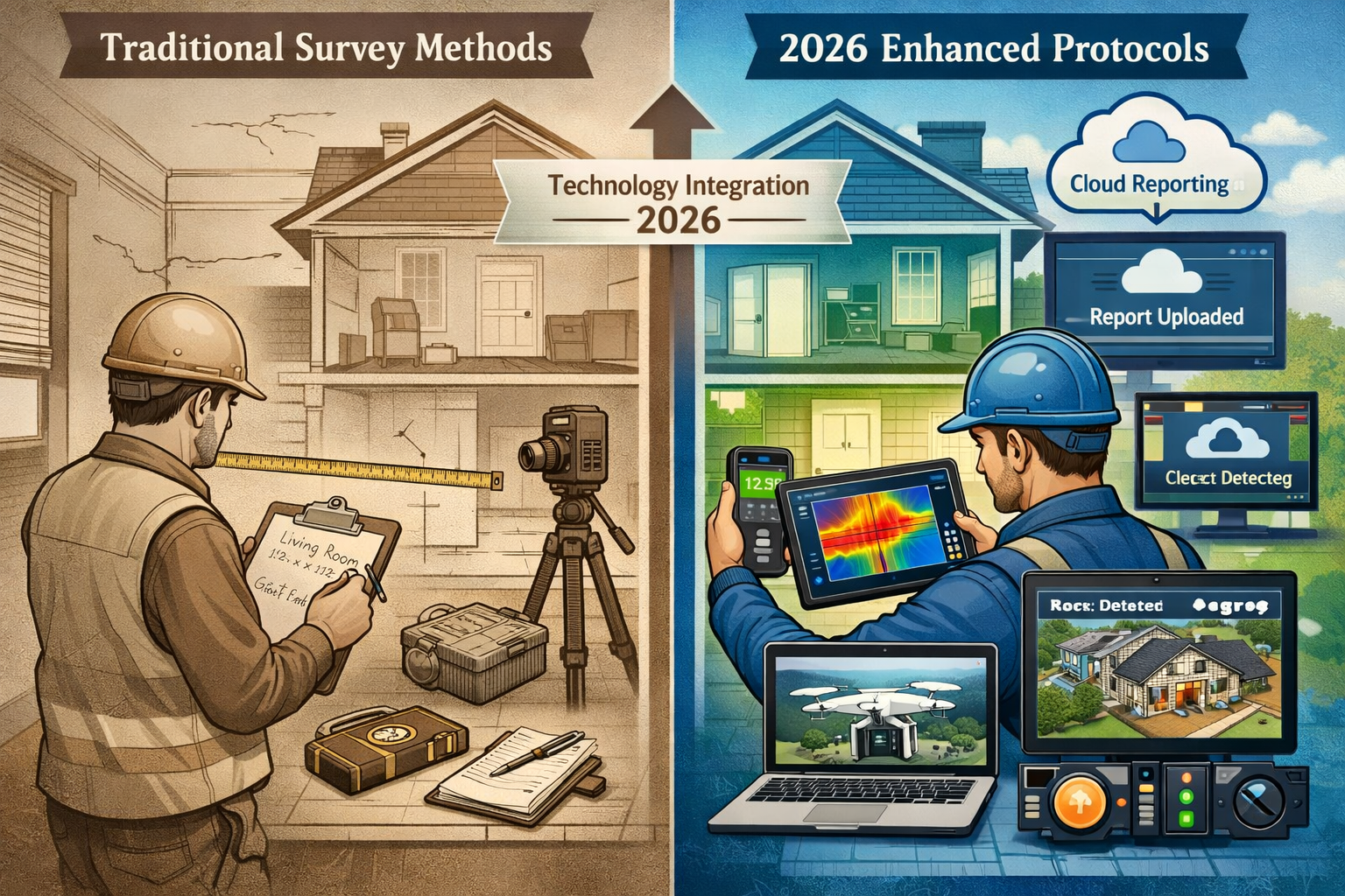 Comprehensive landscape format (1536x1024) split-screen comparison illustration showing 'Traditional Survey Methods vs 2026 Enhanced Protoco