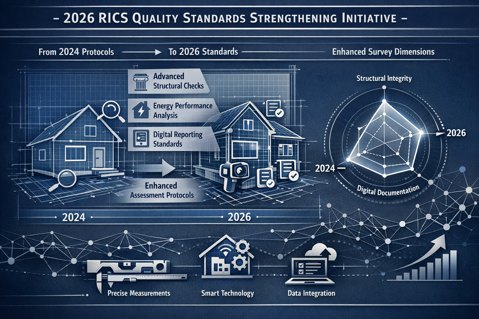 Editorial-style infographic visualizing '2026 RICS Quality Standards Strengthening Initiative' transformation. Central graphic showing archi