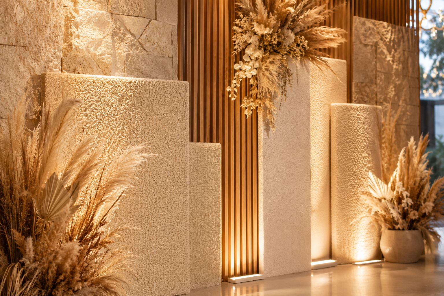 Wide-angle () editorial photograph of a close-up layered party wall installation showing stacked natural textures: