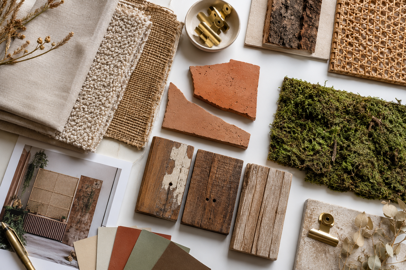 Overhead flat-lay () editorial image showing a material sourcing mood board for textured party wall design: swatches of raw