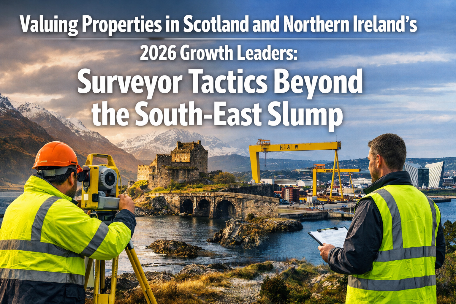 Professional landscape hero image (1536x1024) with bold text overlay: "Valuing Properties in Scotland and Northern Ireland's 2026 Growth Lea