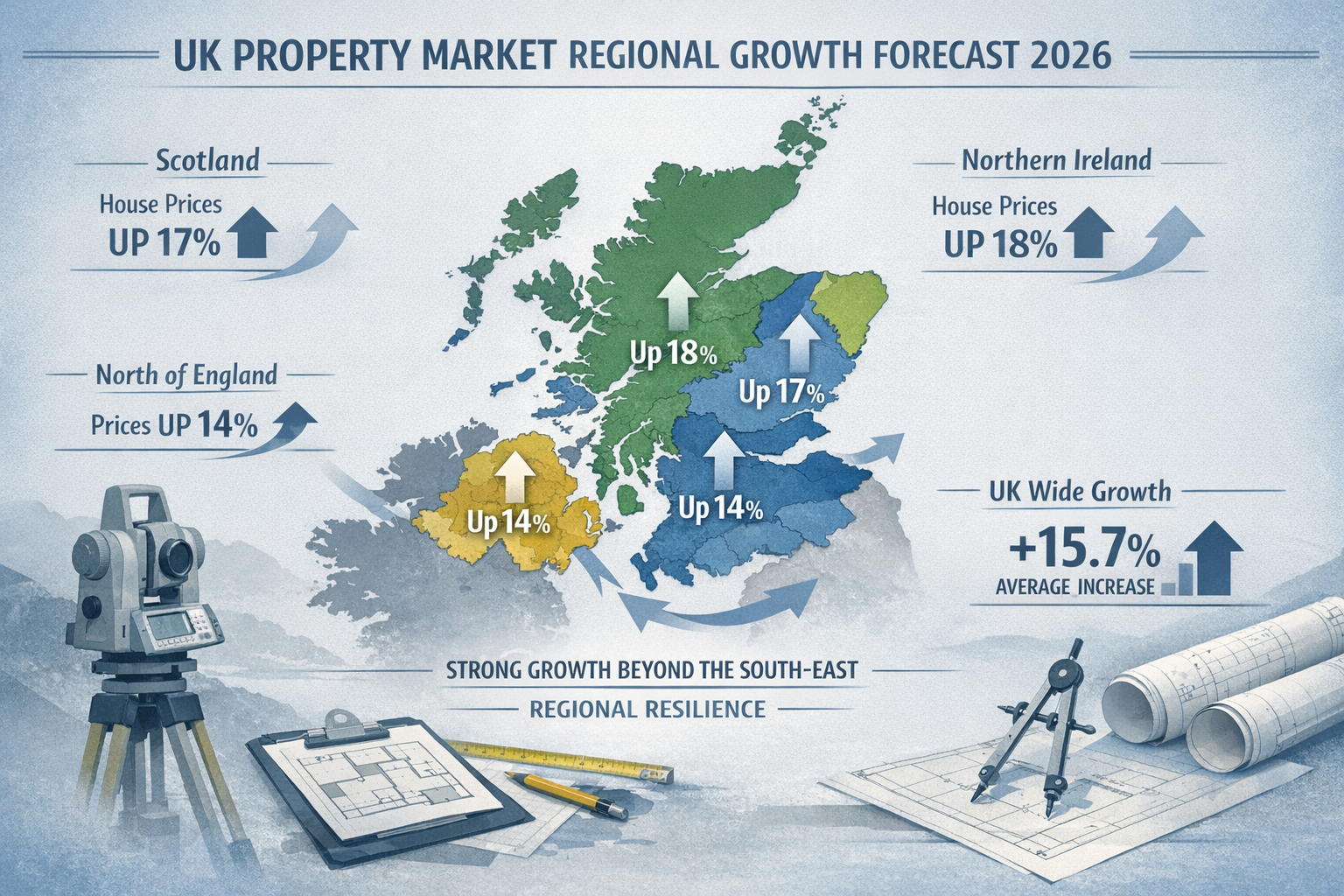 Infographic-style key takeaways visualization representing UK property market regional growth for 2026, featuring a large central map of Sco