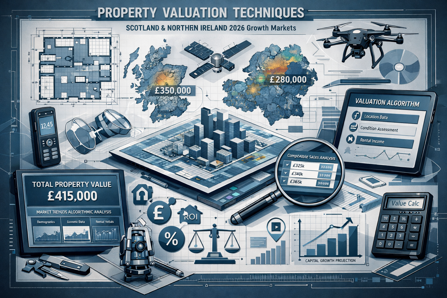 Technical surveyor methodology visualization demonstrating property valuation techniques specific to Scotland and Northern Ireland's 2026 gr