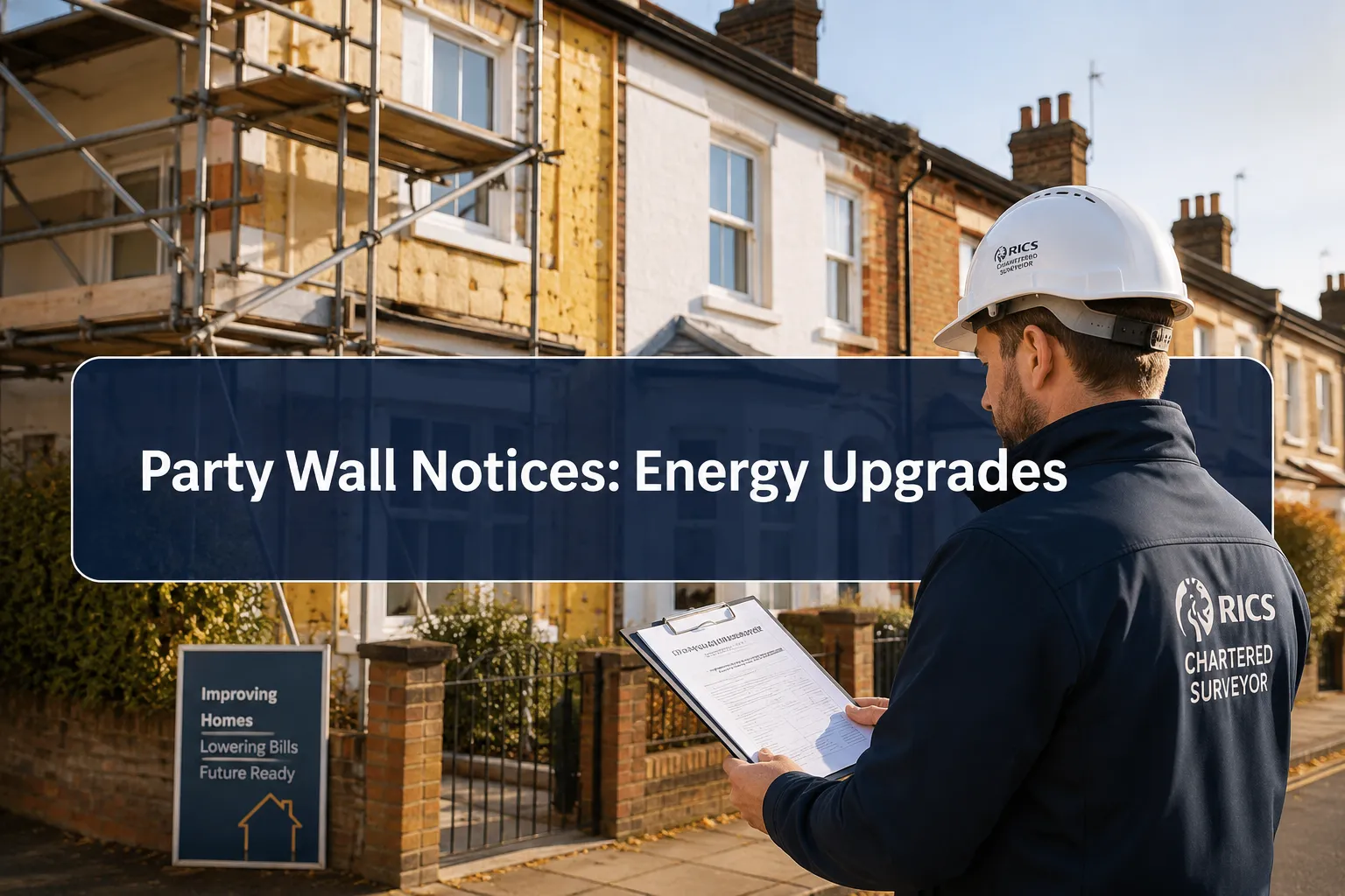 Professional () hero image with (≤42 chars): 'Party Wall Notices: Energy Upgrades', crisp white on a deep navy