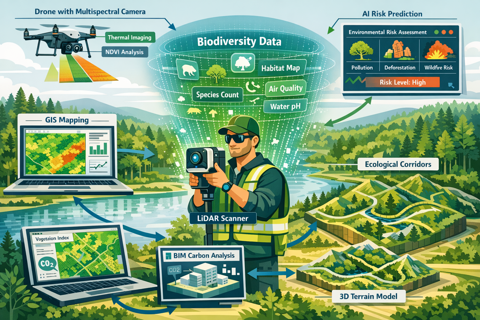 Landscape format (1536x1024) detailed illustration showing array of modern ecological surveying tools and technologies in action. Central fo