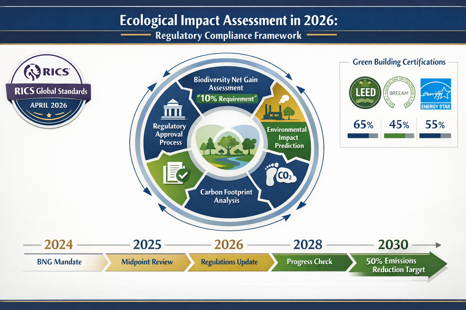 Landscape format (1536x1024) comprehensive infographic visualization demonstrating regulatory compliance framework for ecological impact ass