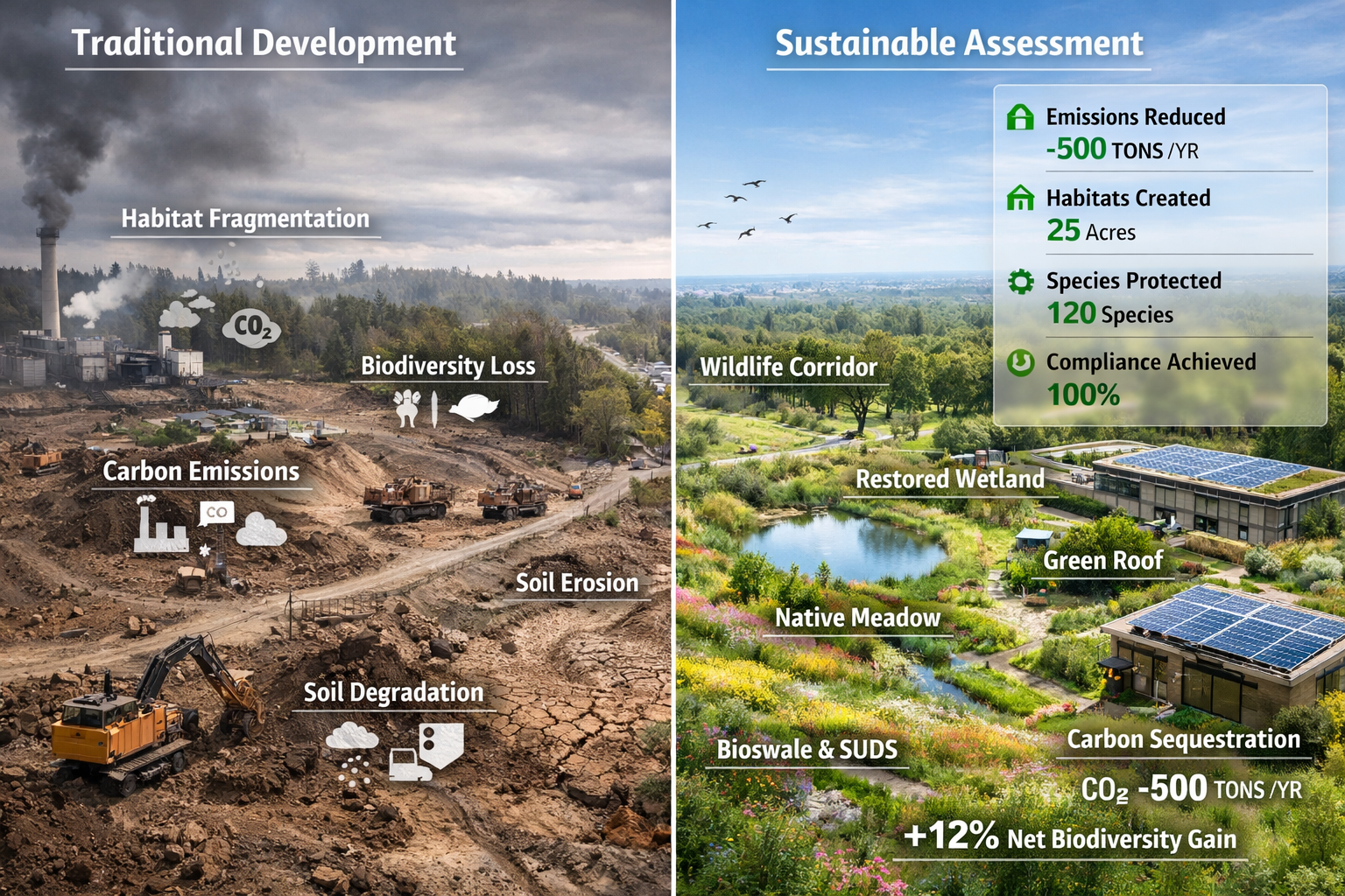 Landscape format (1536x1024) split-screen composition showing before-and-after environmental impact of sustainable surveying practices. Left