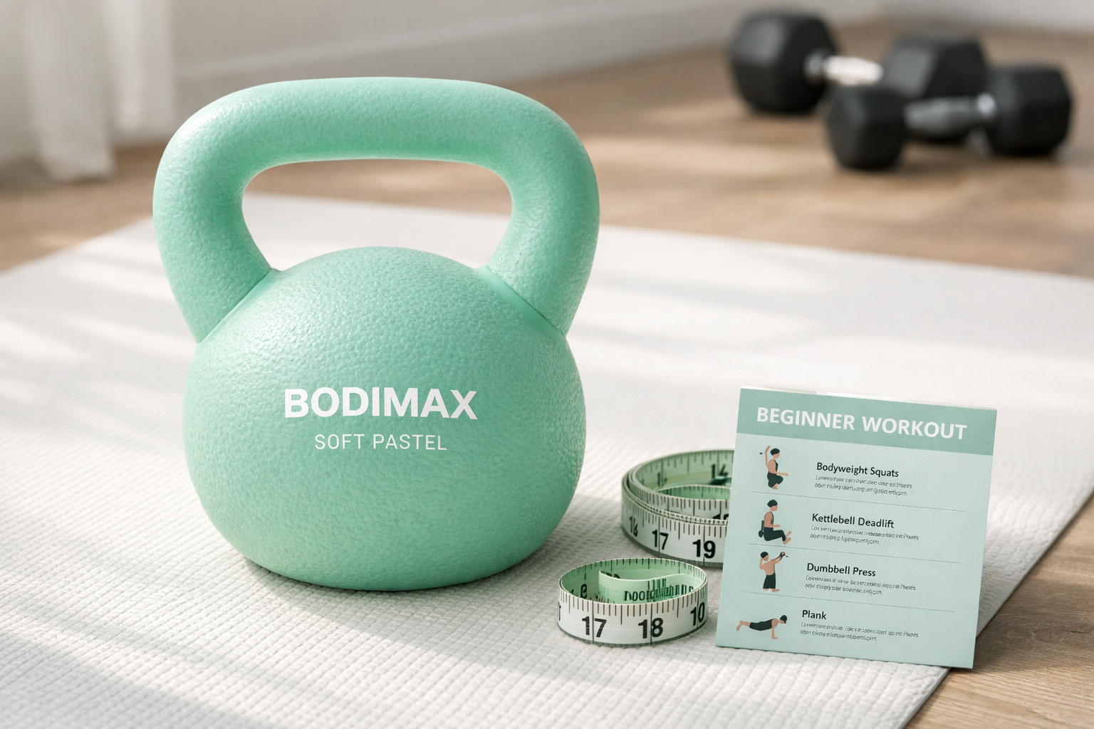 Bodimax Soft Pastel Kettlebell Landscape format (1536x1024) detailed product showcase image: close-up flat-lay of the Bodimax Soft Pastel Kettlebell on a clean white yoga mat, foam shell texture clearly visible, pastel mint-green colorway, handle detail shown, measuring tape and beginner workout card nearby, soft natural side lighting highlighting the foam safety shell, minimalist home gym background with blurred dumbbells, fresh and inviting fitness aesthetic, editorial product photography quality.