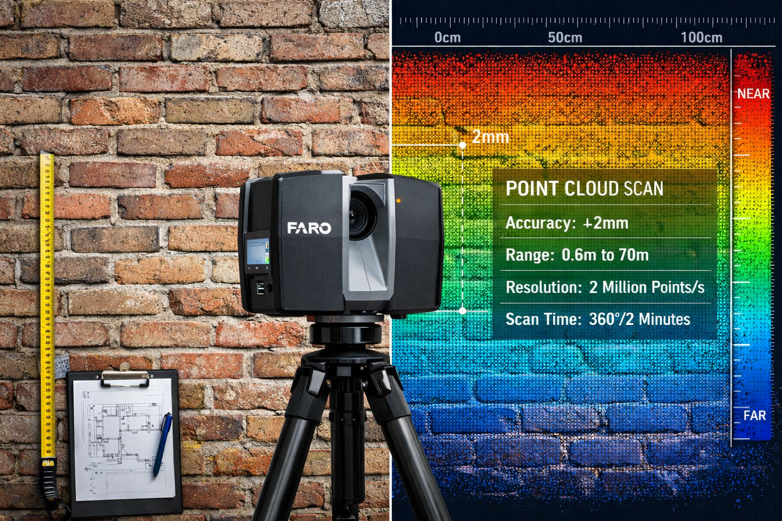 Detailed () image showing close-up of professional Faro-series 3D laser scanner mounted on tripod positioned in front of