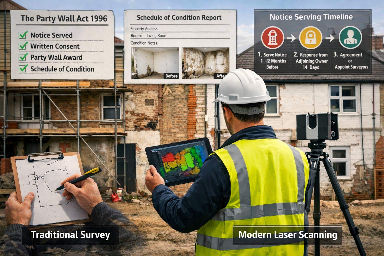 Wide-angle () image depicting professional party wall surveyor in high-visibility vest and hard hat reviewing tablet