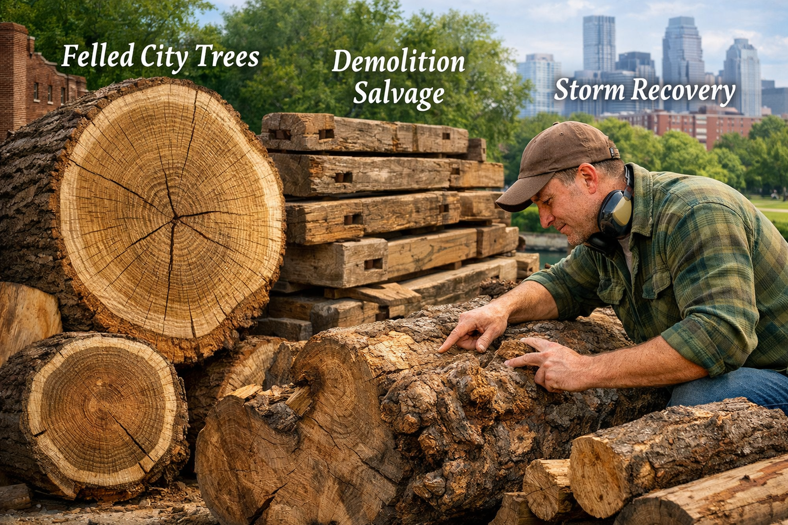 Landscape format (1536x1024) image illustrating various sources of reclaimed urban lumber, such as cross-sections of felled city trees showi
