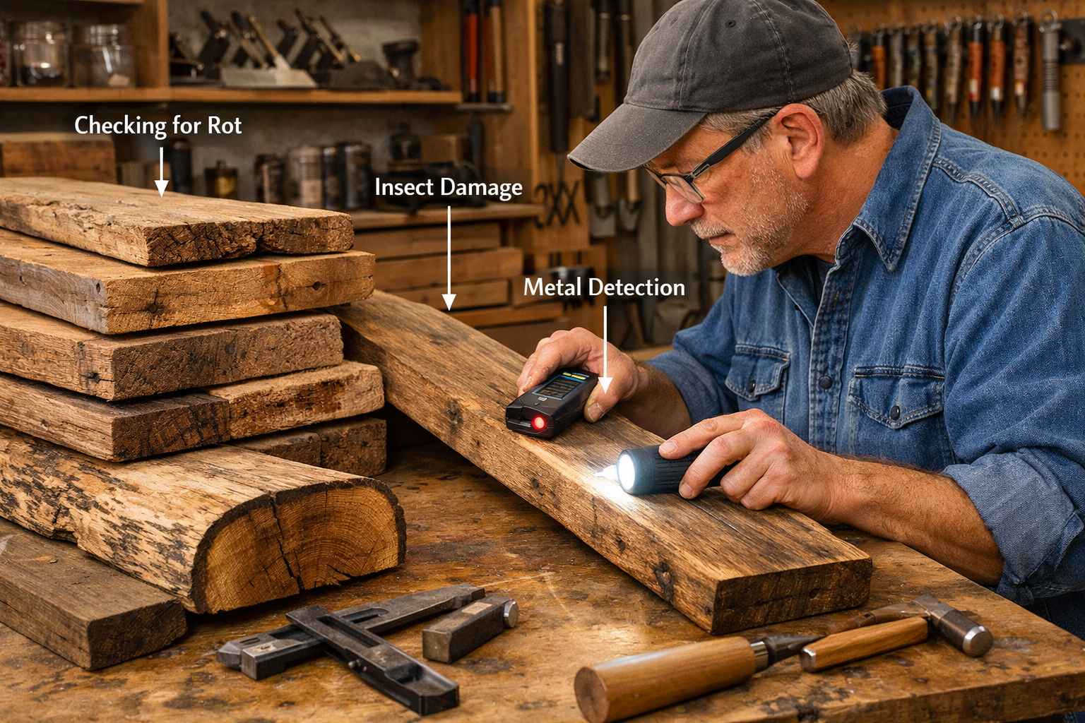 Landscape format (1536x1024) image demonstrating the evaluation process for reclaimed urban lumber. A woodworker is carefully examining a pl