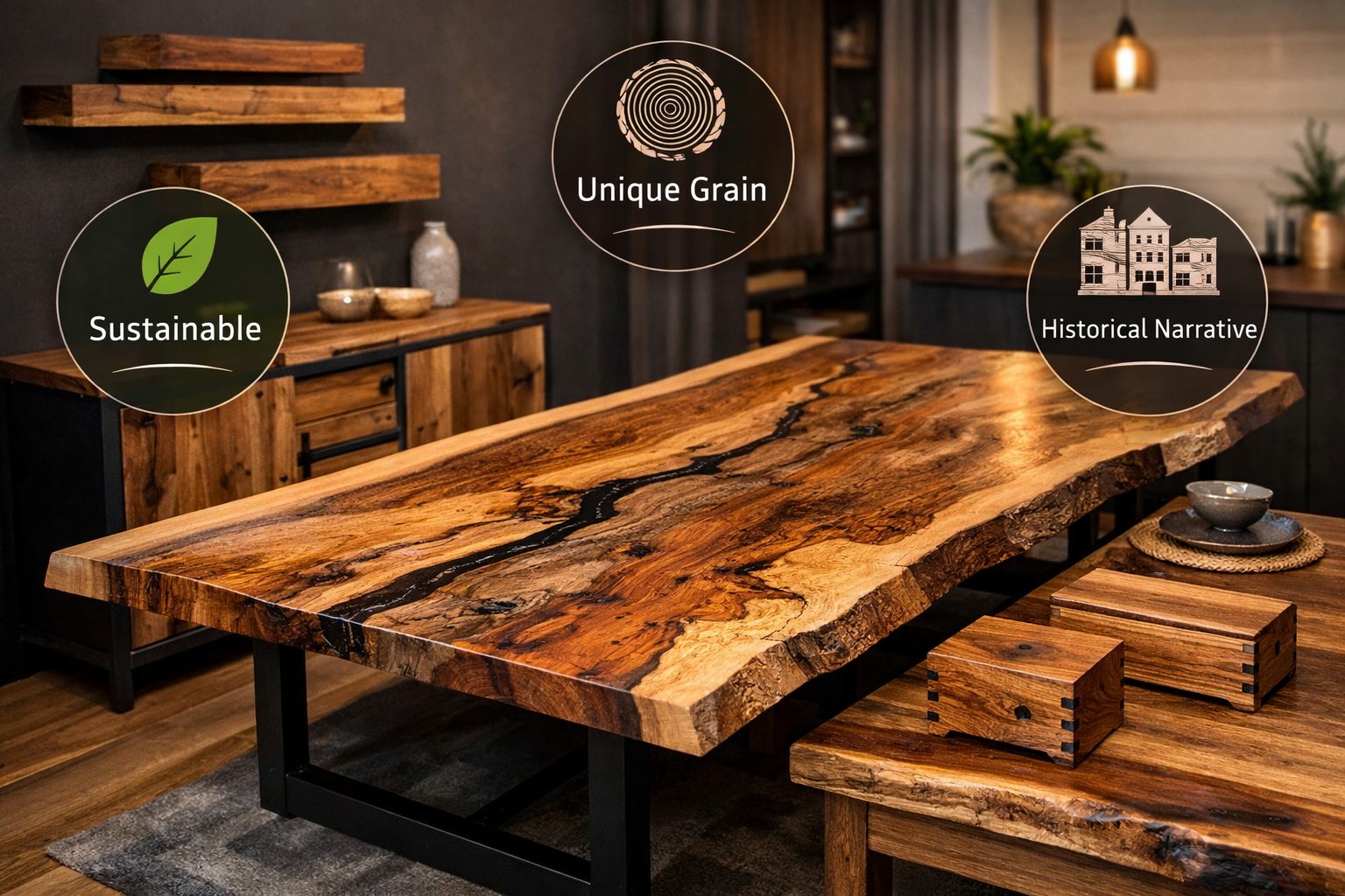 Landscape format (1536x1024) image showcasing the beauty and potential of finished high-end woodworking projects made from character-rich re