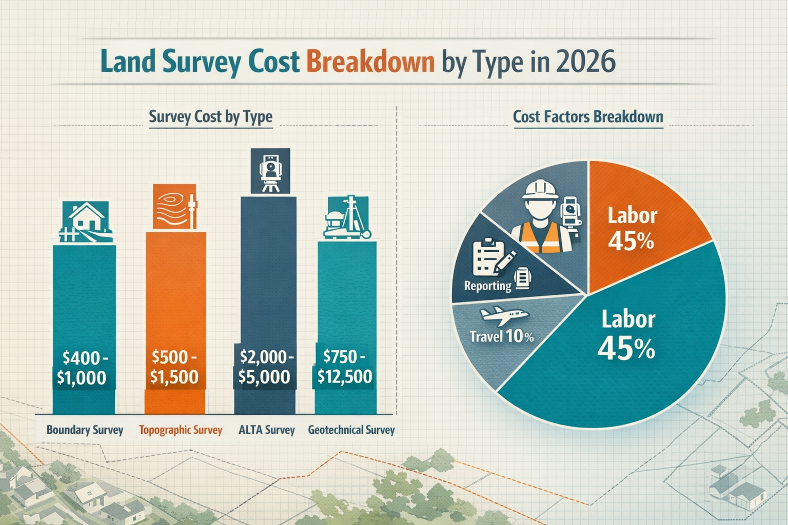 Detailed landscape format (1536x1024) infographic showing land survey cost breakdown by type in 2026. Split-screen composition with left sid