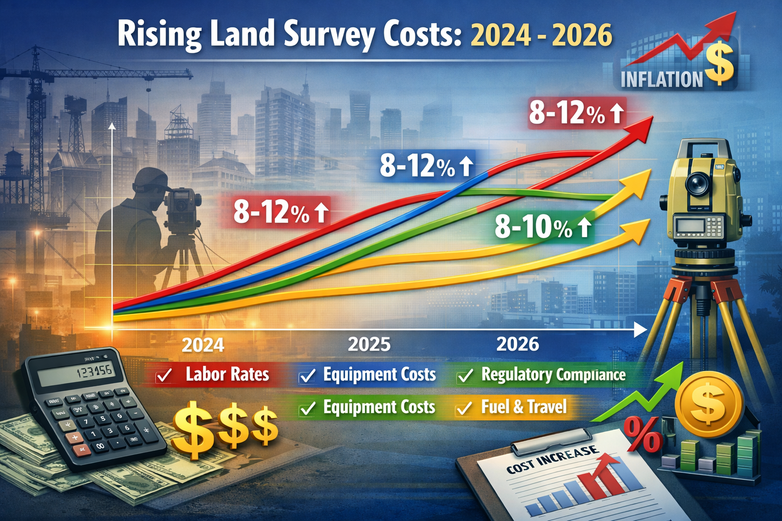 Detailed landscape format (1536x1024) conceptual illustration showing inflation impact on land survey pricing trends from 2024 to 2026. Line