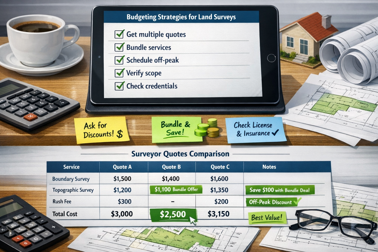 Detailed landscape format (1536x1024) strategic planning scene showing budgeting strategies for land surveys. Split composition with top hal