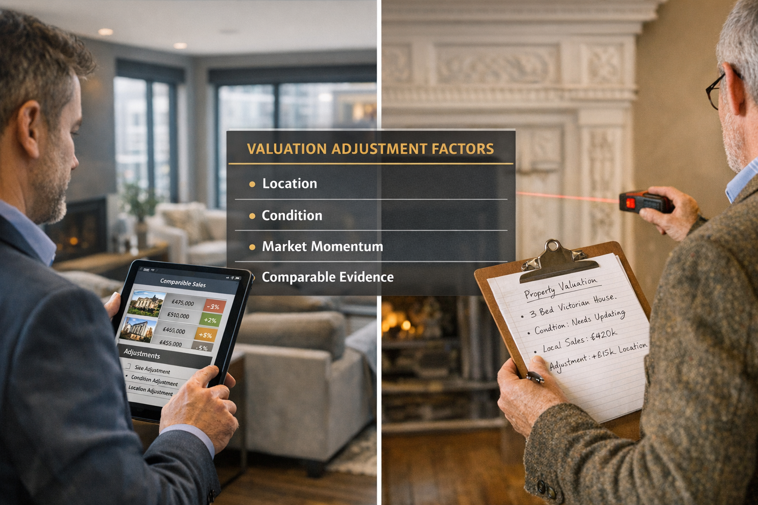 Detailed () split-screen composition showing valuation methodology in action: left side displays chartered surveyor using