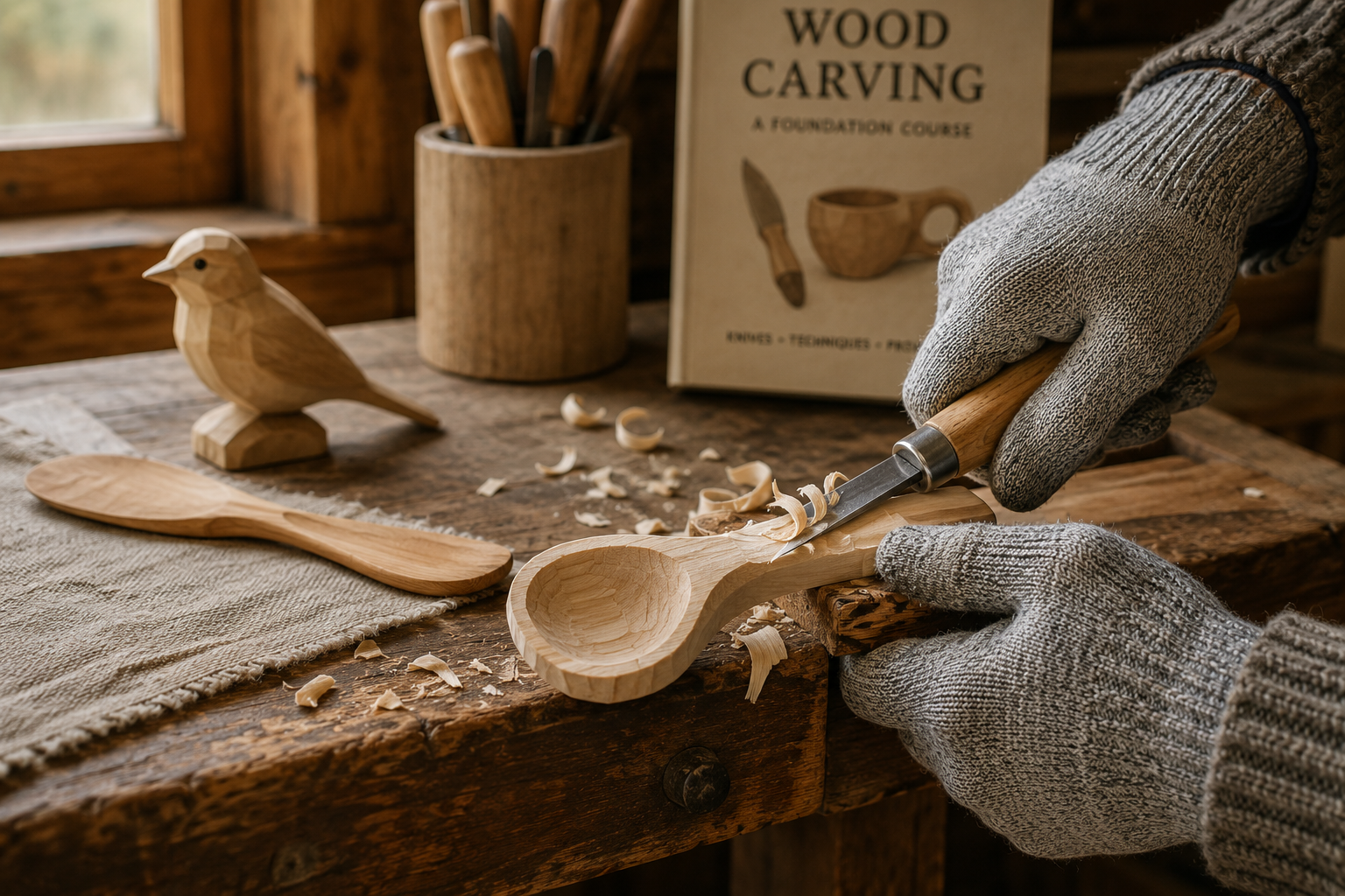 Detailed () image showcasing a hands-on demonstration of basic Scandi-style wood carving techniques. A close-up shot focuses