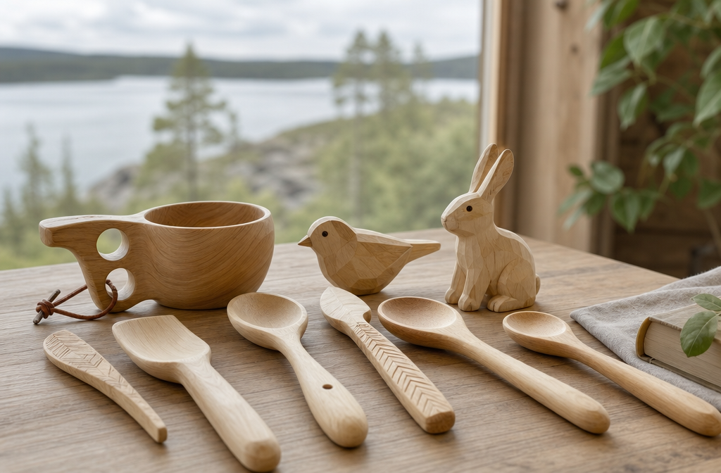 Detailed () image displaying a curated collection of finished Scandi-style carved projects for beginners. Prominently