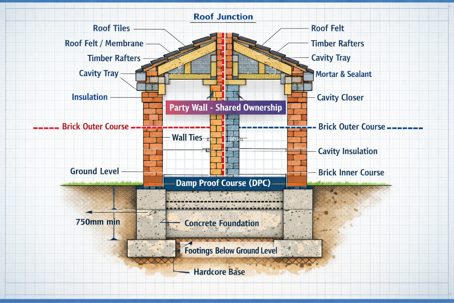 Detailed architectural diagram showing cross-section of semi detached party wall construction with labeled components including brick course