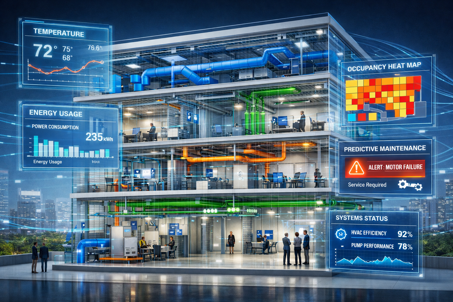 Landscape format (1536x1024) editorial image showing detailed cross-section of smart building digital twin with transparent layers revealing