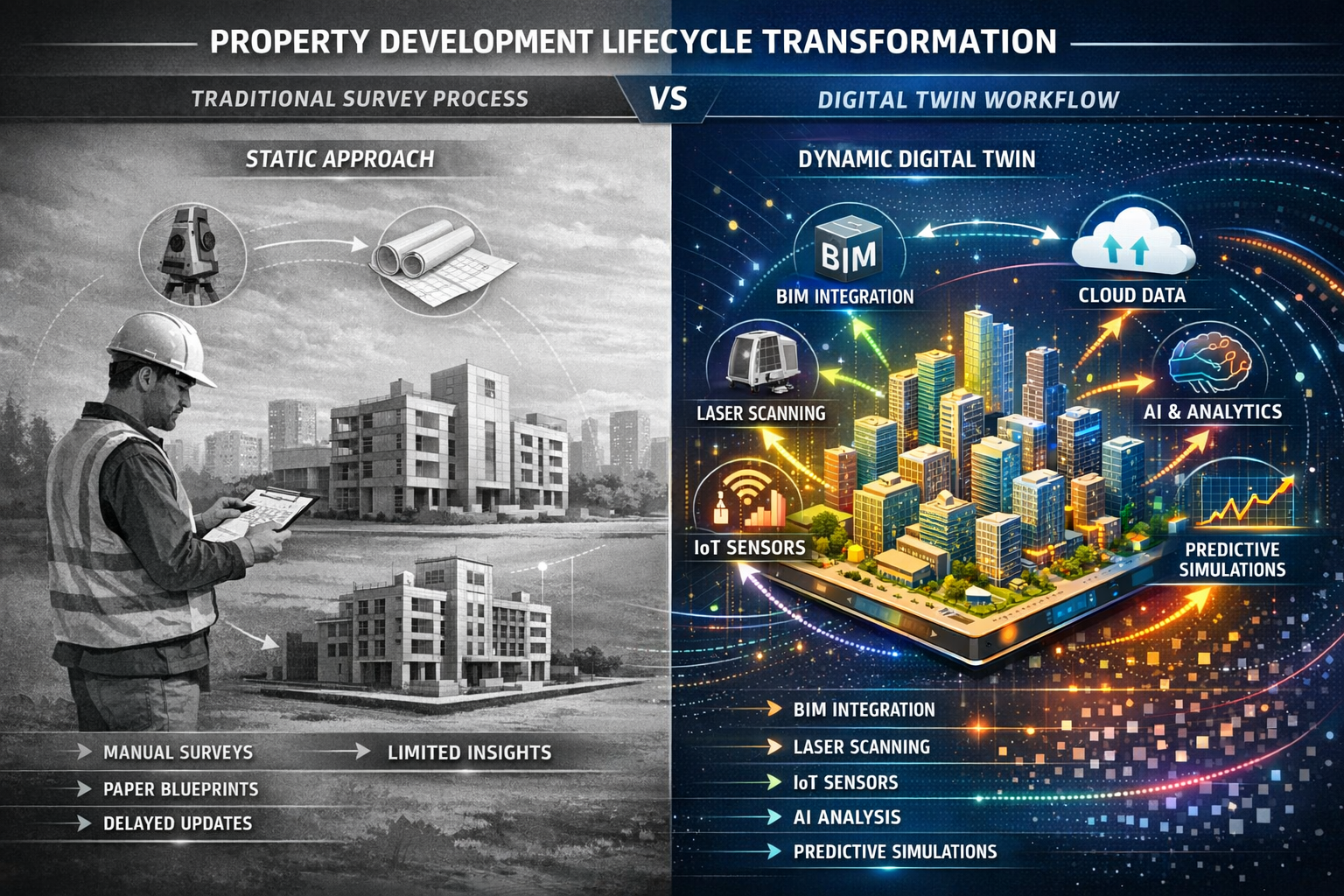 Landscape format (1536x1024) professional infographic showing property development lifecycle transformation through digital twin technology.