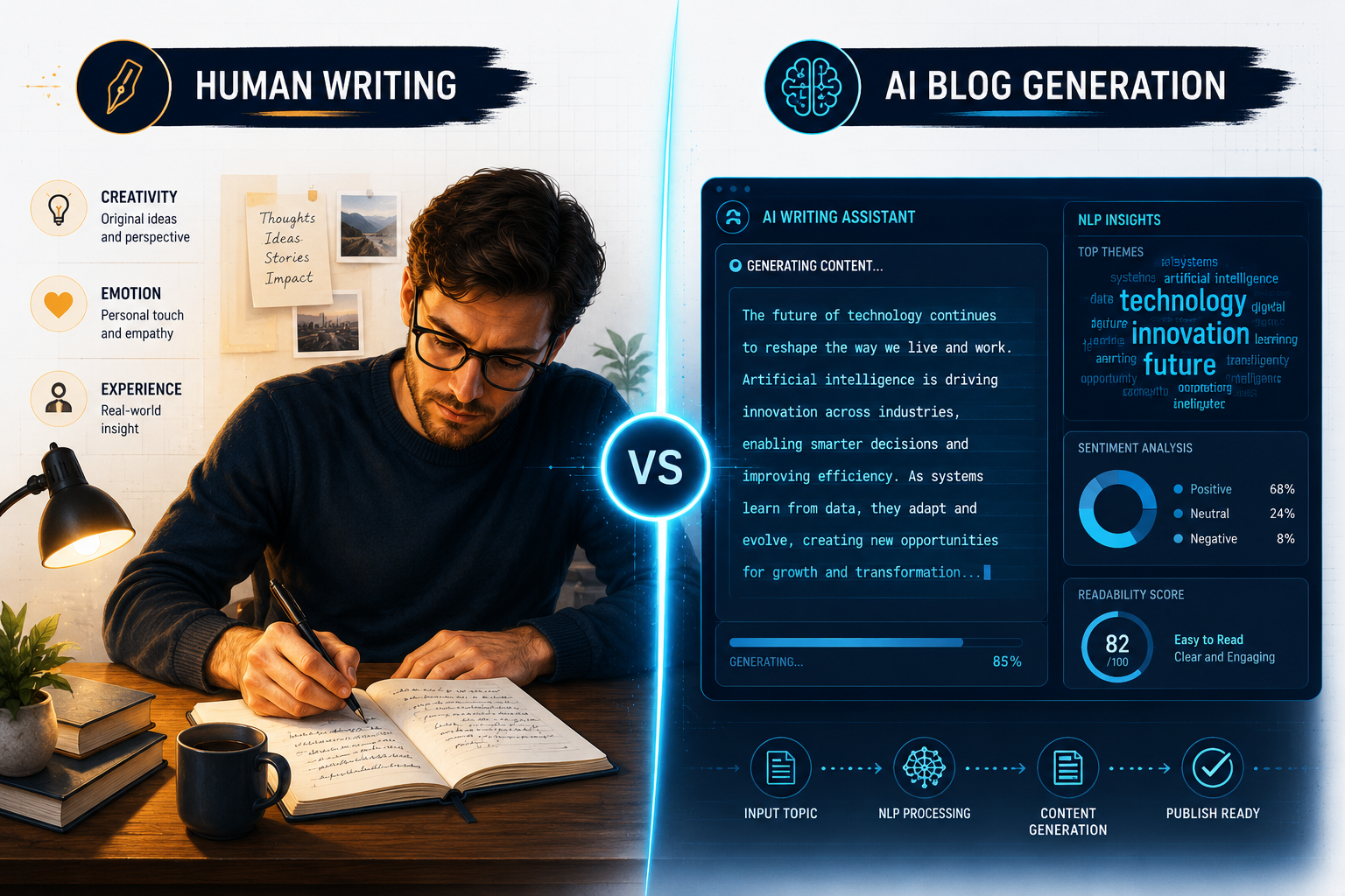 AI Blog Post Writer 2026 Landscape format (1536x1024) editorial illustration showing a split-screen comparison: left side features a human writer at a desk with pen and notebook, right side shows an AI interface with streaming text output and NLP word clouds. Center dividing line glows cyan. Labels read 'Human Writing' vs 'AI Blog Generation'. Background is clean white with subtle grid lines. Color palette: navy, cyan, warm amber. Infographic style, professional, concept-driven.