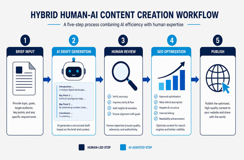 AI Blog Post Writer 2026 Landscape format (1536x1024) workflow diagram showing a five-step hybrid human-AI content creation process: Step 1 Brief Input (icon: document), Step 2 AI Draft Generation (icon: robot head with text stream), Step 3 Human Review (icon: magnifying glass), Step 4 SEO Optimization (icon: bar chart), Step 5 Publish (icon: globe). Connected by arrows on a clean light-gray background with navy and cyan accent colors. Flat design, professional infographic style, no people shown.