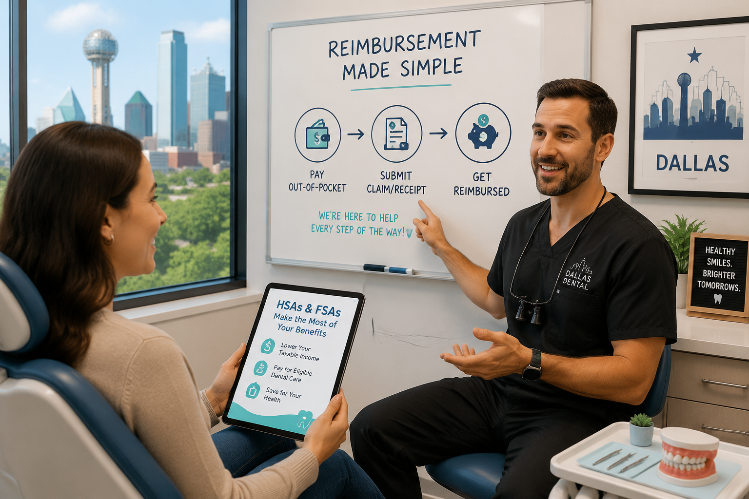 An illustration depicting a patient consulting with a dental professional in a clean, a whiteboard shows a simplified
