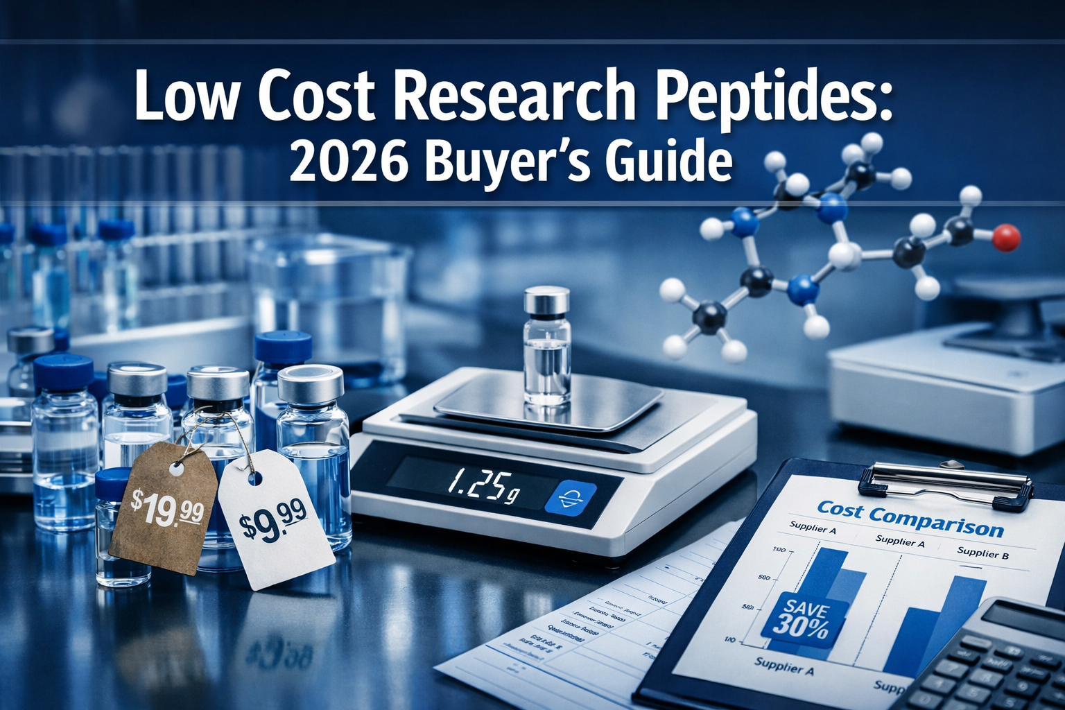 Professional landscape format (1536x1024) hero image with bold text overlay 'Low Cost Research Peptides: 2026 Buyer's Guide' in extra large 